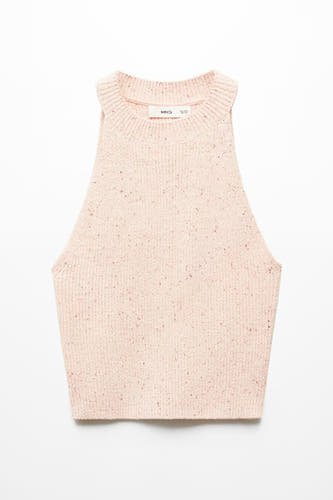 Roze singlet van MANGO, gebreid met kleine, contrasterende spikkels over het hele oppervlak.
