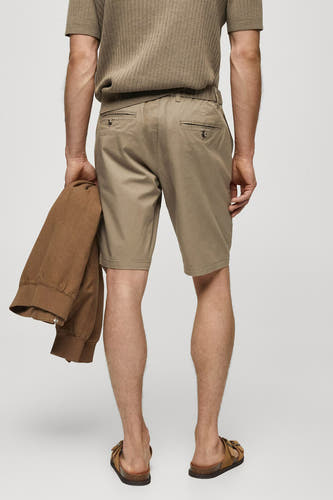 Bruine short van MANGO, gezien vanaf de achterkant, met zakken en een bruin jasje in de hand.