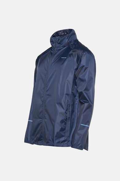 Donkerblauwe jas van VIKING, met lange ritssluiting en reflecterende streep op de mouw.