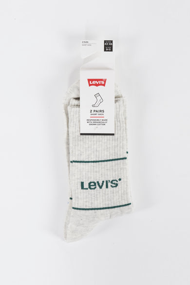 Grijze korte sokken van Levi's® met groene strepen en logo, op verpakking, front view