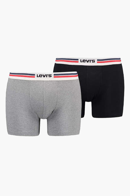 Grijze boxershorts van Levi's met een gestreepte tailleband in wit, blauw en rood.
