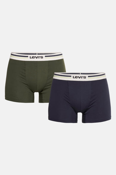Twee boxershorts van Levi's® Accessories, één in donkergroen en één in marineblauw, met elastische logoband.
