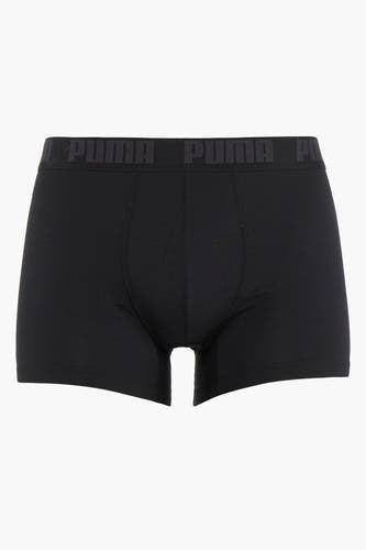 Zwarte boxershorts van PUMA, met een grijze elastische tailleband met logo.
