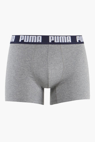 Grijze boxers van PUMA, met een blauwe tailleband met het PUMA-logo.