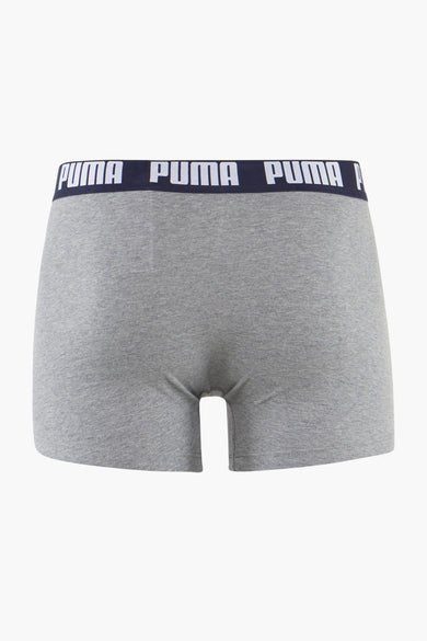 Grijze boxershort van Puma met een donkerblauwe elastische band met logo.