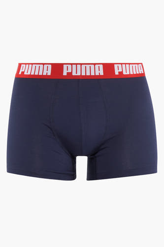 Blauwe boxershorts van PUMA, met een rode elastische band met logo.