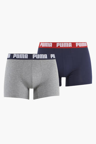 Blauwe en grijze boxers van PUMA met een elastische tailleband met logo.
