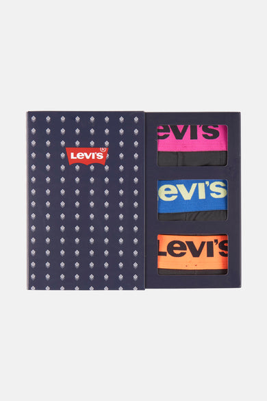 Zwarte boxershorts set van Levi's, met een fel gekleurde tailleband en verpakt in een blauwe doos met patroon.