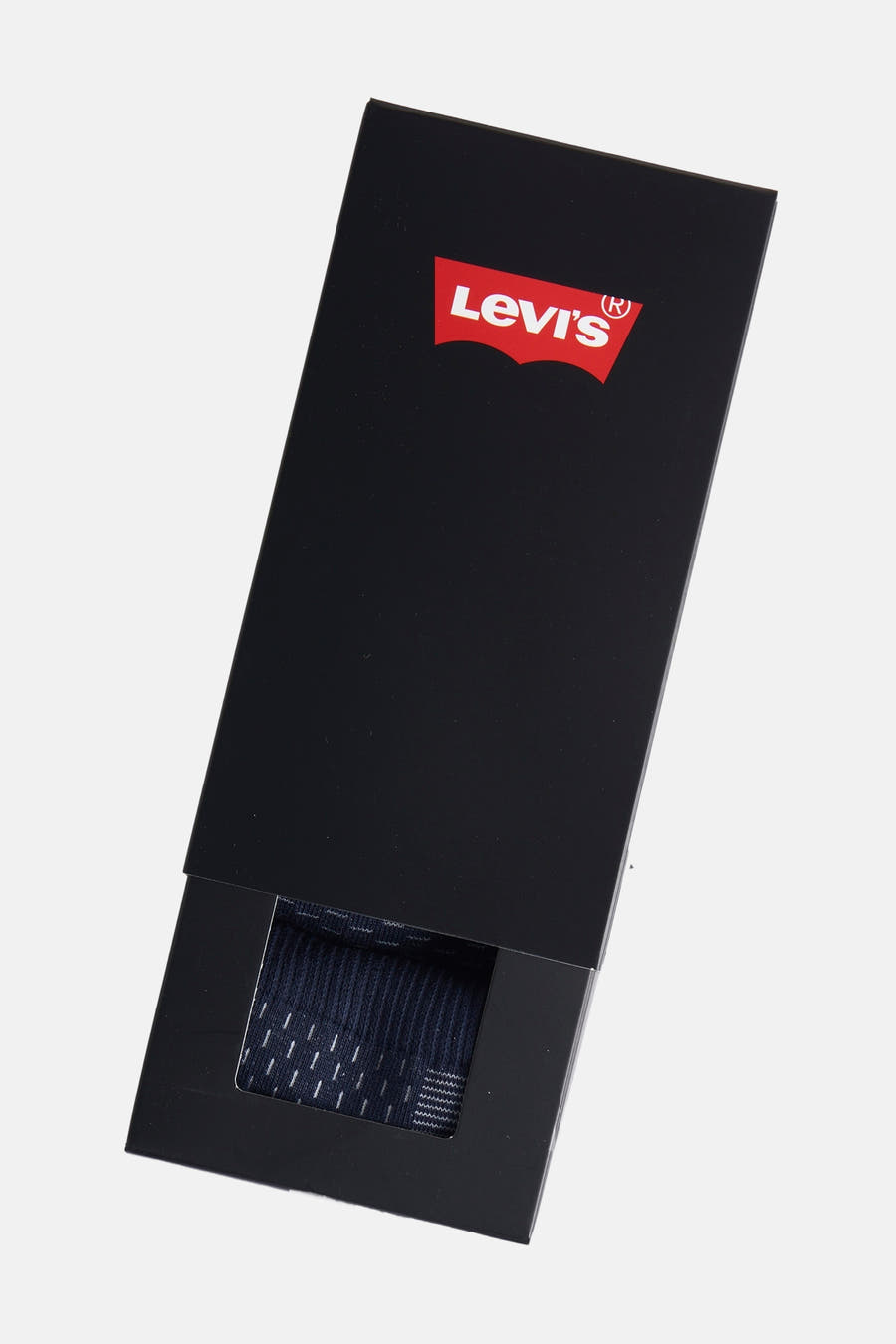 Chaussettes bleues de Levi's avec un motif subtil, emballées dans une boîte à cadeaux noire.