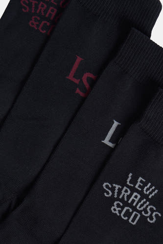 Zwarte sokken van Levi's® Accessories, met geborduurde logo's in rood en grijs.