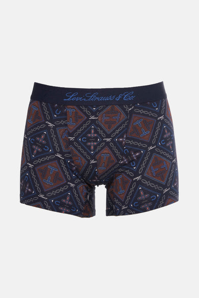 Blauwe boxershort van Levi's® Accessories met een opvallend paisley-achtig patroon met hoefijzers en logo's.
