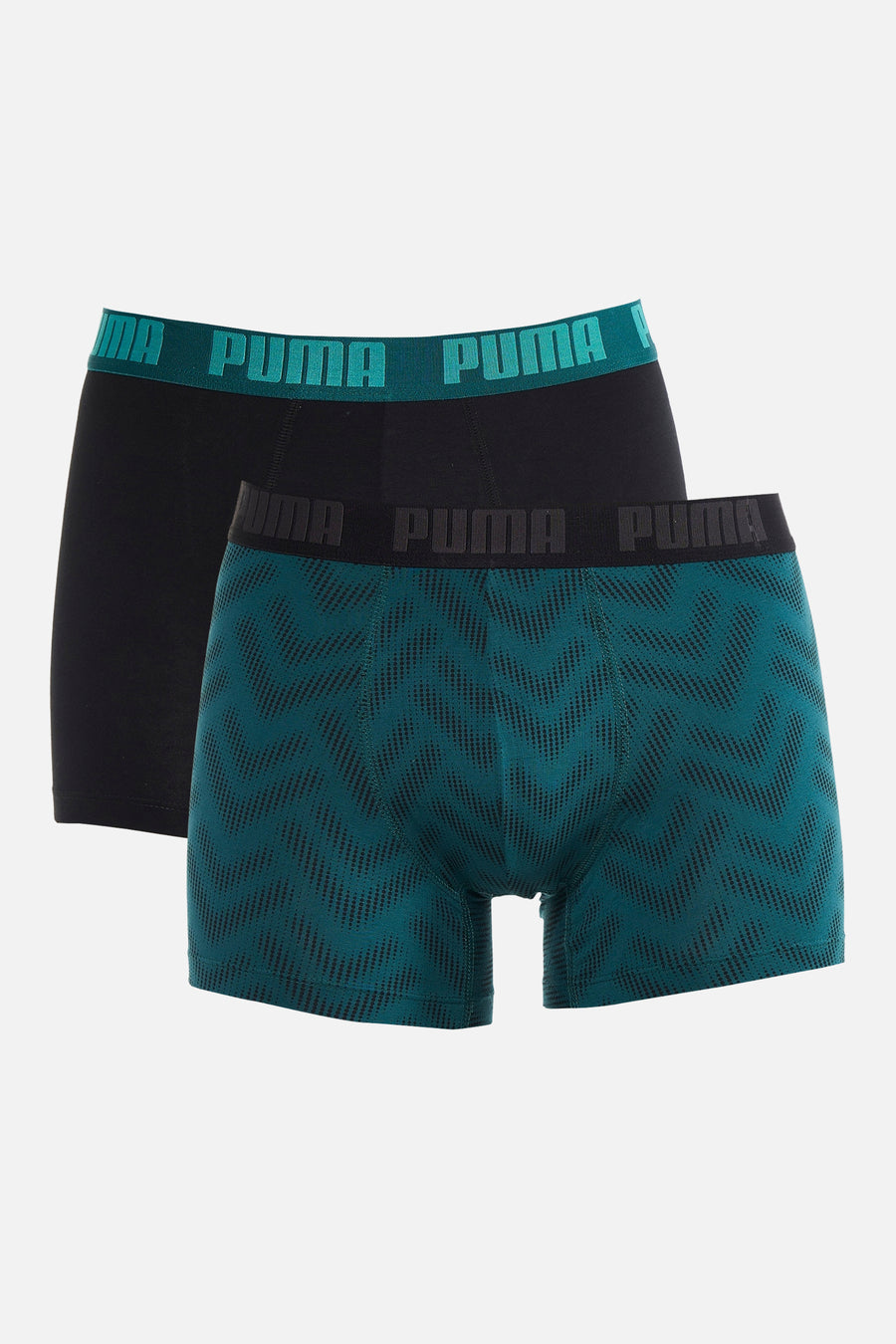 Boxer short bleu-vert de PUMA avec un motif géométrique en zigzag noir.