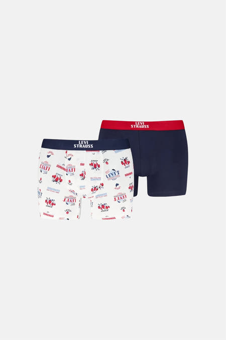 Twee boxershorts, multicolor, van Levi's® Accessories, waarvan één met bananenprint en de ander effen donkerblauw met rode band.
