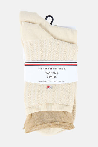 Beige damessokken van TOMMY JEANS, met een opengewerkt patroon en goudkleurige glitterdetails aan de boord.