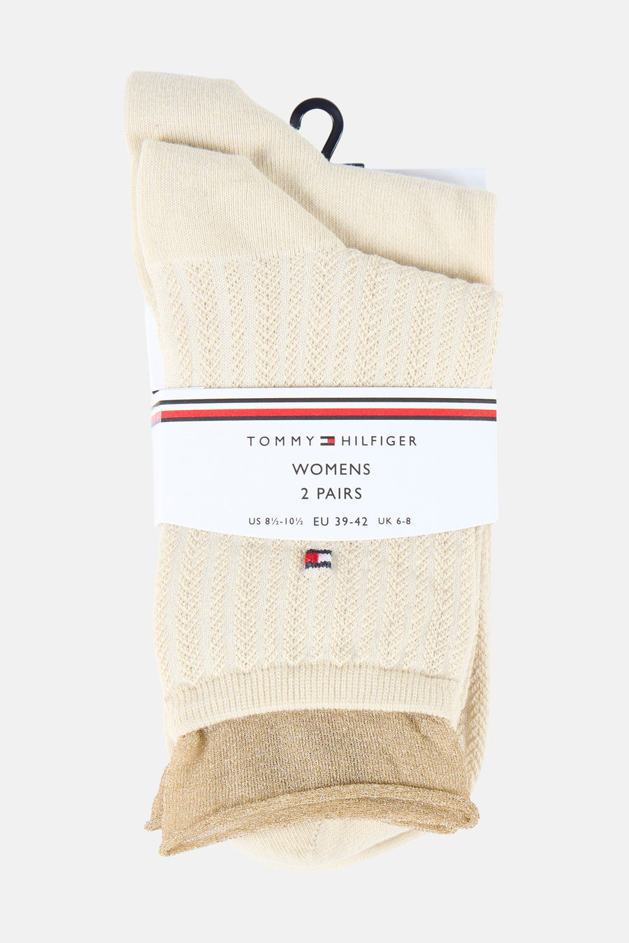 Beige damessokken van TOMMY JEANS, met een opengewerkt patroon en goudkleurige glitterdetails aan de boord.