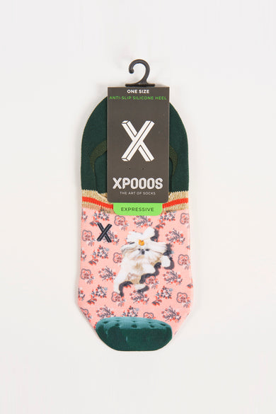 Multicolor sokken met bloemenprint en hondje, van XPOOOS, roze met groene rand en anti-slip zool