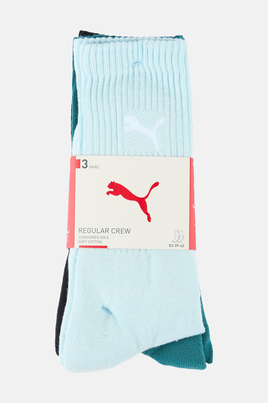 Chaussettes multicolores de PUMA, avec une texture côtelée et un logo rouge sur l'emballage.