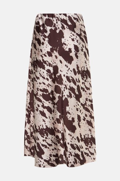 Lange rok in bruin, van Terra di Siena, met een opvallende koeienprint.