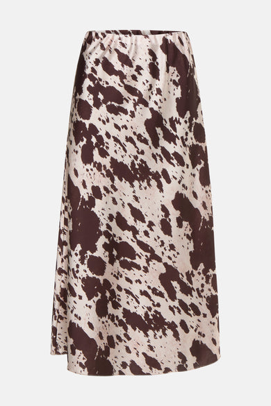 Lange bruine rok van Terra di Siena, met een gespikkelde print en elastische tailleband.

