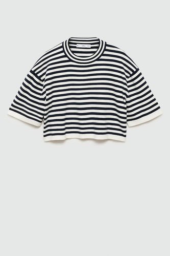 Blauw gestreepte trui met ronde hals van MANGO, met korte mouwen en een losse pasvorm.
