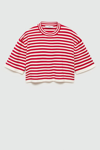 Rode trui met ronde hals van MANGO, met horizontale strepen en korte mouwen.