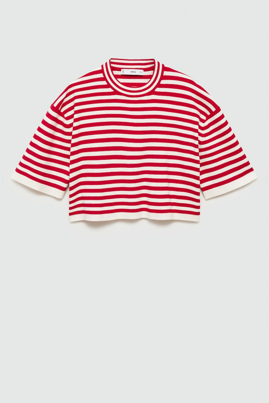 Rode trui met ronde hals van MANGO, met horizontale strepen en korte mouwen.