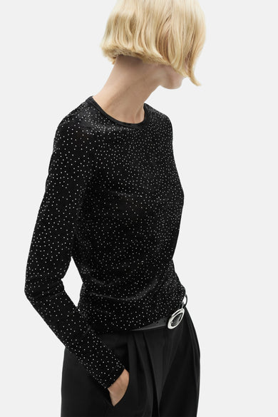 Zwart lange mouwen T-shirt met witte stippen van MANGO, zijprofiel, fluwelen textuur, ronde hals