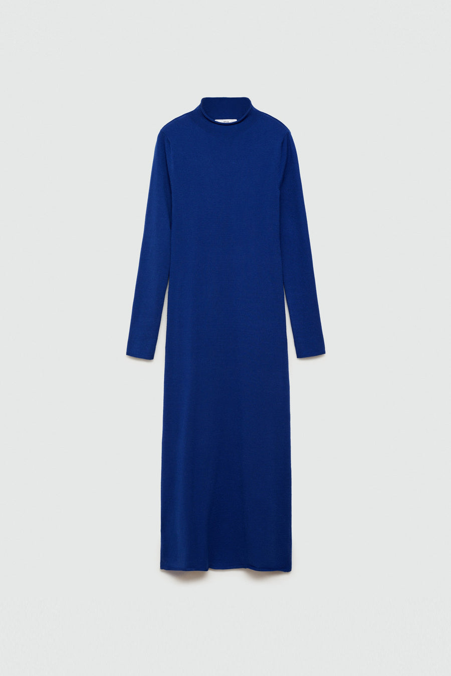 Robe bleue à longues manches de MANGO, avec un col haut et un tissu lisse.