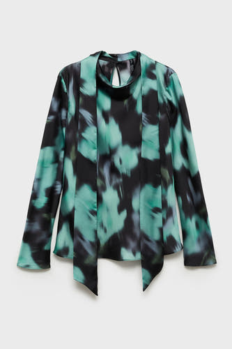 Multikleurige blouse met lange mouwen van MANGO, met een abstract, vlekkerig patroon en een strikdetail aan de hals.
