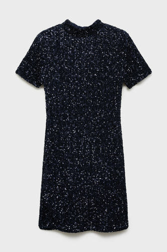 Robe bleue à manches courtes de MANGO, parsemée de paillettes scintillantes pour une texture glamour.