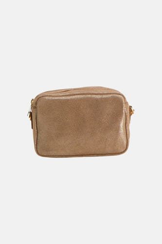 Taupe schoudertas van Access® met een licht glanzende textuur en goudkleurige rits.