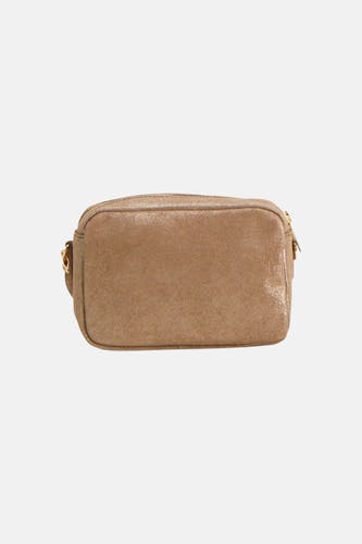 Taupe schoudertas van Access® met glanzende textuur en ritssluiting.