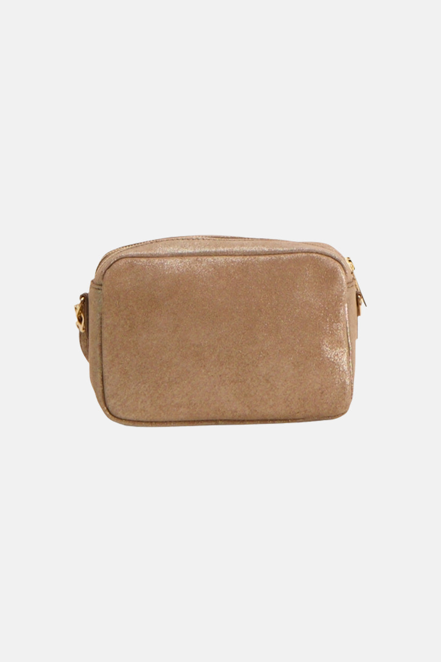Taupe schoudertas van Access® met glanzende textuur en ritssluiting.