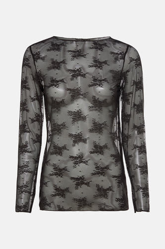 Bruine blouse met lange mouwen van Terra di Siena, met een kanten bloemenpatroon en transparante stof.
