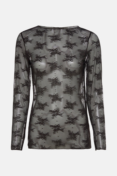 Bruine blouse met lange mouwen van Terra di Siena, met een kanten bloemenpatroon en transparante stof.
