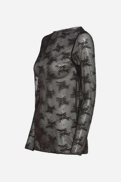 Bruine blouse met lange mouwen van Terra di Siena, met een bloemenpatroon en een doorschijnende, kanten textuur.
