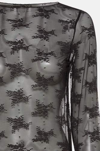Bruine blouse met lange mouwen van Terra di Siena, uitgevoerd in fijnmazig bloemenkant.