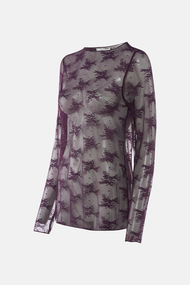 Blouse marron avec des manches longues de Terra di Siena, avec un fin motif floral sur une matière transparente.