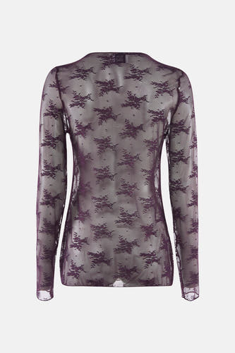 Blouse marron avec des manches longues de Terra di Siena, avec un motif floral et une texture transparente en dentelle.