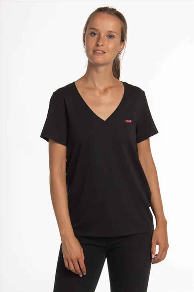Zwart T-shirt met korte mouwen van Levi's®, met een V-hals en klein logo detail.