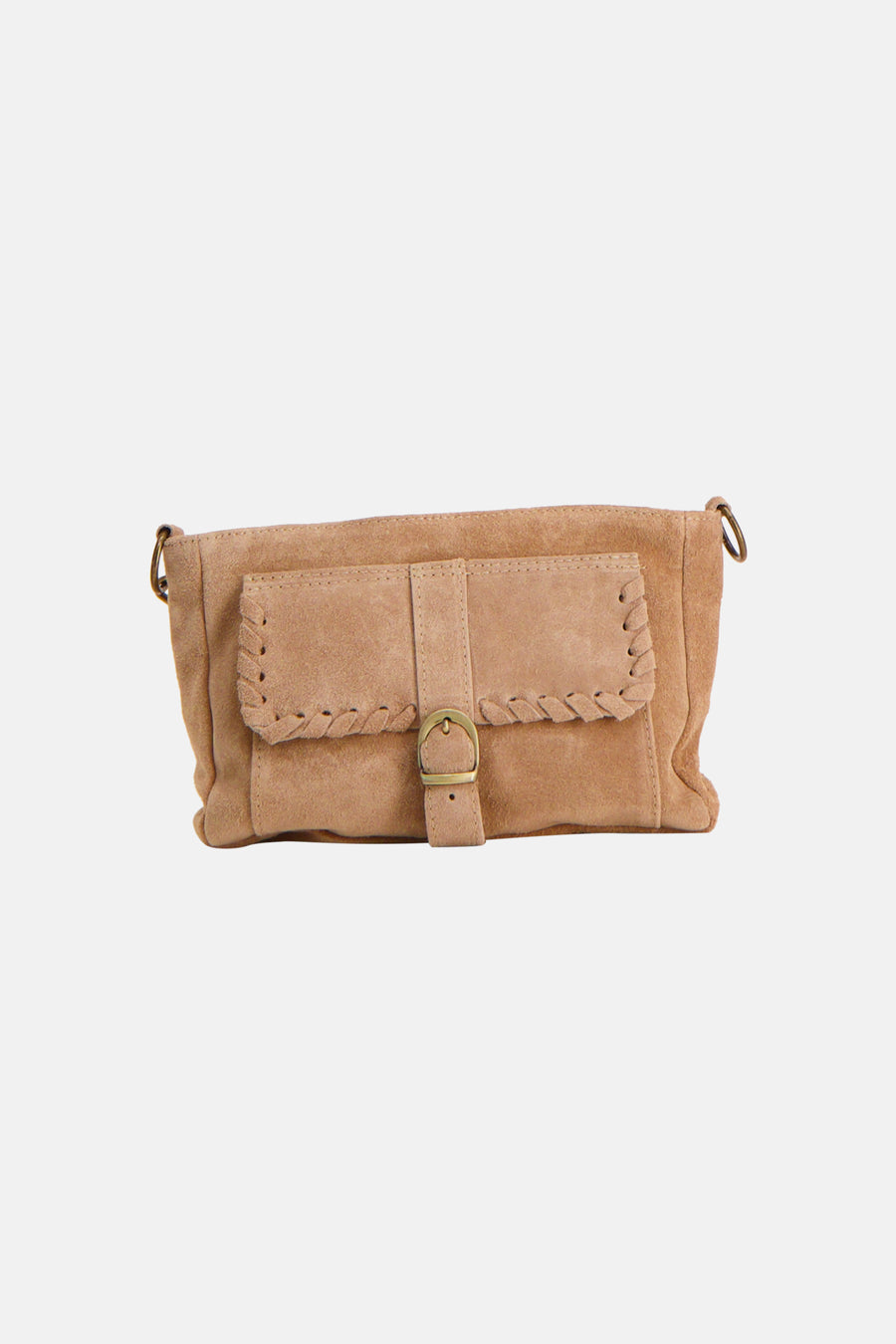 Beige suède schoudertas van Access® met klep, gevlochten details en bronzen gespsluiting.