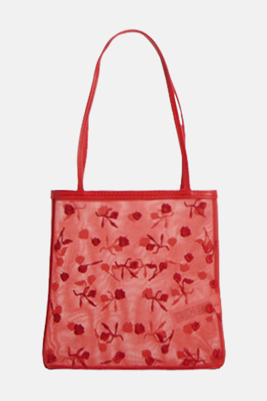 Rode handtas van MANGO, met bloemenmotief op een doorzichtige mesh stof.