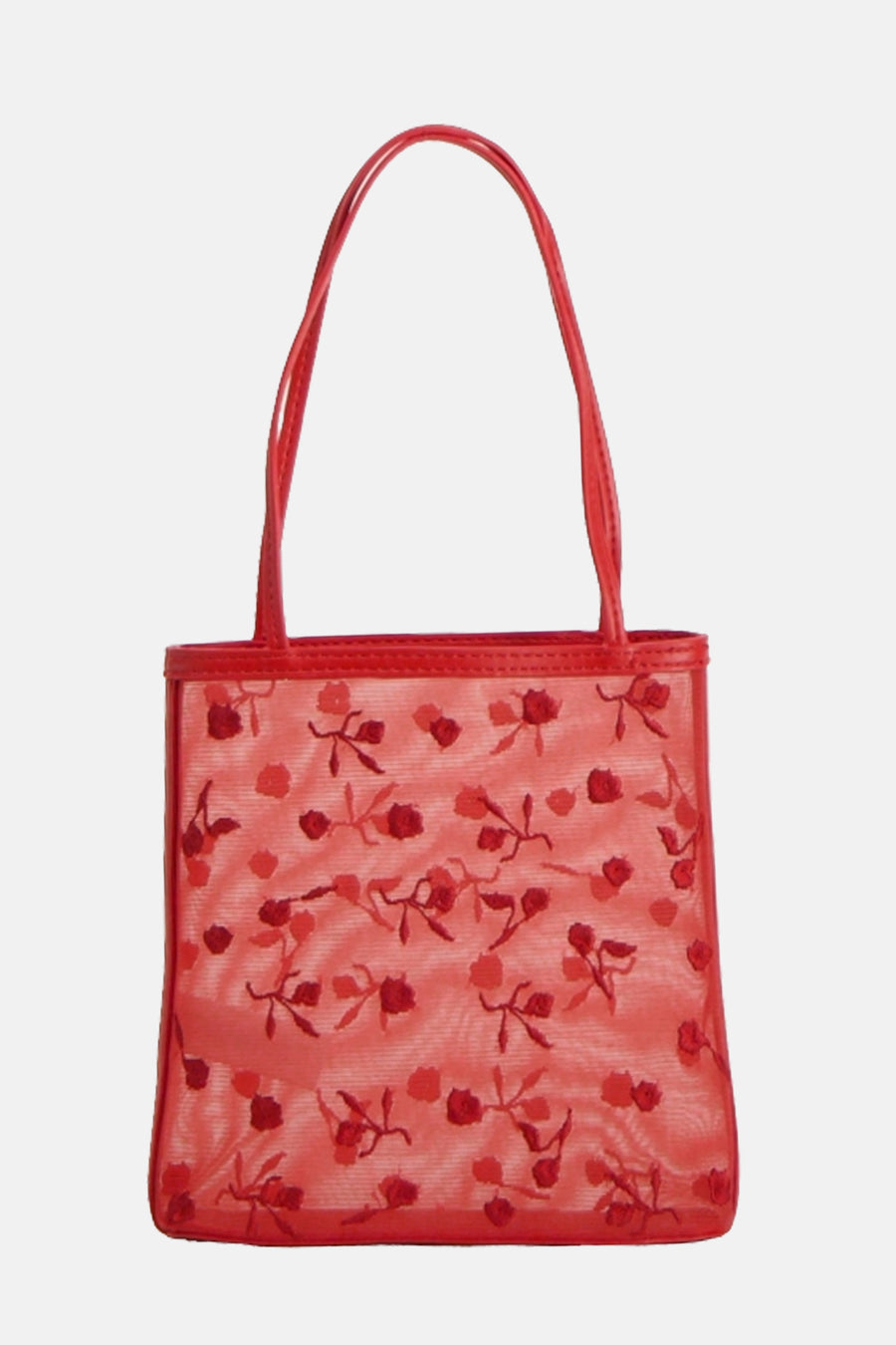 Rode handtas van MANGO met een bloemenpatroon en doorzichtige gaasdetails.
