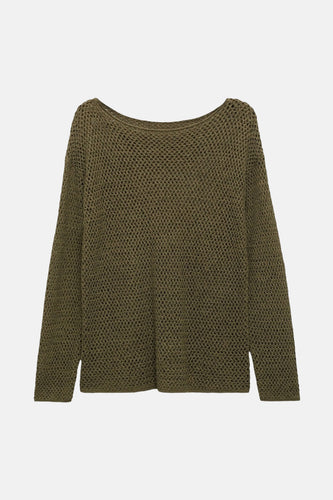 Olijfgroene, gebreide trui met lange mouwen.
