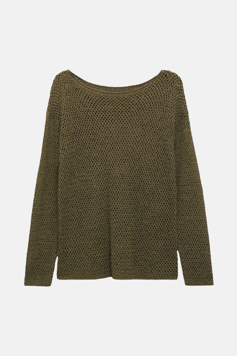 Olijfgroene, gebreide trui met lange mouwen.
