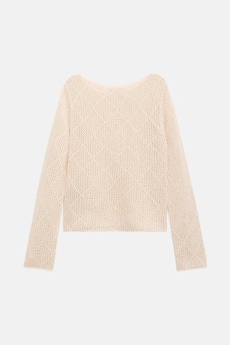 Ecru trui met ronde hals van MANGO, open gebreid met lange mouwen en een licht doorschijnend effect.
