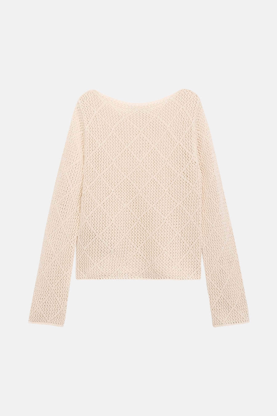 Ecru trui met ronde hals van MANGO, open gebreid met lange mouwen en een licht doorschijnend effect.
