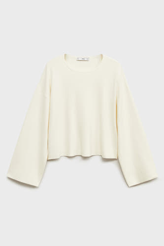 T-shirt blanc à col rond de MANGO, avec des manches larges et une texture tr trée lisse.