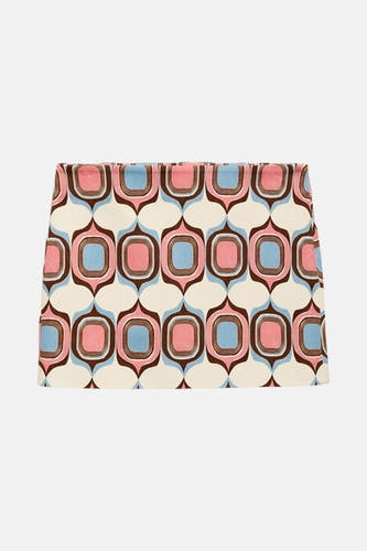 Multikleurige, korte rok van MANGO met een retro geometrisch patroon in roze, blauw en bruin.