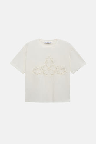 Wit T-shirt met korte mouwen van MANGO, met een kanten applicatie op de voorkant.